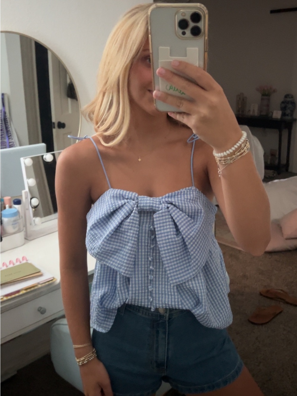 Blue Gingham Tie-Shoulder Bow Front Top
